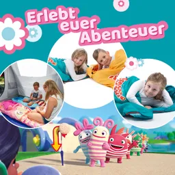 Bunt gestaltete Collage mit Kindern in Schlafsäcken, einem Zelt und Cartoonfiguren auf einem Spielplatz. Text: "Erlebt euer Abenteuer".