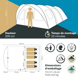 Zelt mit Maßen und Montagezeit. Höhe 200 cm, Platz für 5 Personen. Details zur Verpackung und Witterungsbeständigkeit.