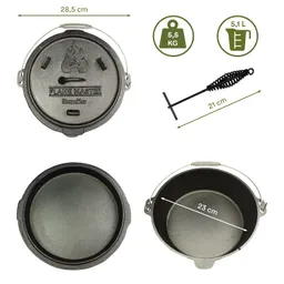 Gusseiserner Kochtopf mit henkel, Deckel und einem Rührgerät, Maße: 28,5 cm Durchmesser, 5,5 kg schwer, 5,1 l Volumen.