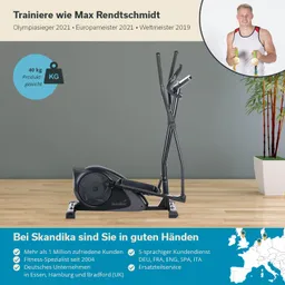 Ellipsentrainer von Skandika auf einem Holzfußboden, neben einem Topf mit einer Pflanze. Text und Logos im Hintergrund.