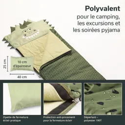 Ein Schlafsack in Form eines Drachenkopfes mit grüner Farbe, gepunktetem Innenfutter und Kissen. Details zur Reisverschlusseigenschaft sind abgebildet.