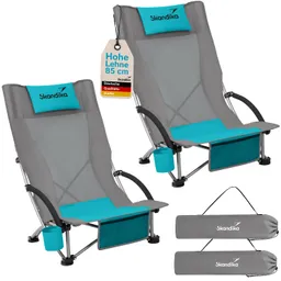 Zwei zusammengehörende Faltstühle in Grau und Türkis mit Kopfstützen und Getränkehaltern.