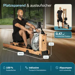 Rudergerät aus Holz mit einer Wasserkammer, ein Mann sitzt darauf und rudert. Hintergrund mit Fenstern und Waldansicht. Maße in der Darstellung.