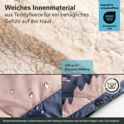 Weiches Teddyfleece-Innenmaterial auf hellem Untergrund. Wasserabweisendes Außmaterial in Camouflage-Design mit Wassertropfen.