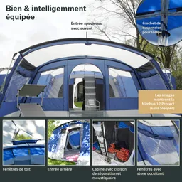 Zelt in Blau mit großer Eingangsöffnung, Ausschnitt für Lampenaufhängung, mehrere Fenster und Innenraumansicht mit Trennwand.