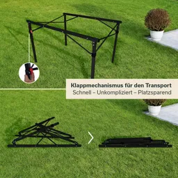 Faltgestell auf Rasen, zeigt Mechanismus für schnellen Transport. Oben unmontiert, unten zusammengeklappt.