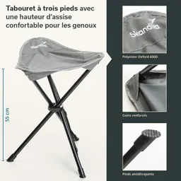 Dreibeiniger Hocker mit einer Sitzhöhe von 55 cm aus grauem Polyester, stabilen Ecken und rutschfesten Füßen.