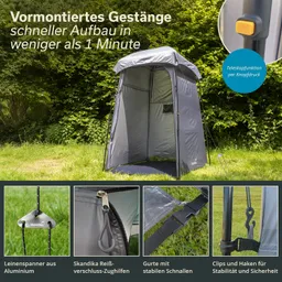 Grauer Camping-Pavillon mit offenem Eingang inmitten einer grünen Umgebung. Kleine Detailbilder zeigen Zubehör wie Leinen, Reißverschluss und Gurte.