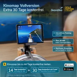 Tablet mit Sportanwendung zeigt Rudertraining auf Wasser. Im Hintergrund ein Bildschirm mit ähnlicher Szenerie. Infos zu Testangeboten.