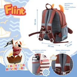 Rucksack in Braun und Grau mit gepolstertem Rücken, verstellbaren Trägern und seitlichen Netztaschen. Maße 32 x 24 x 11 cm.