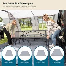 Zeltteppich im Inneren eines Zeltes, zwei Personen richten einen Tisch auf dem Teppich. Produkte in verschiedenen Größen sind abgebildet.