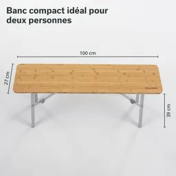 Holztisch aus Bambus mit metallenen Beinen, Maße 100 cm x 27 cm x 39 cm, auf weißem Hintergrund.