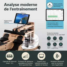 Rudergerät mit Holzrahmen und Wasserbehälter, Tablet-Halterung oben, Anzeige für Trainingsdaten, integrierte Bluetooth-Funktionen.