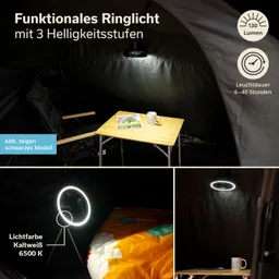 Ein Zeltinneres mit einem klappbaren Tisch, einem Stuhl und einer Tasse. Oben hängt ein Ringlicht, unten ist ein Ventilator abgebildet.