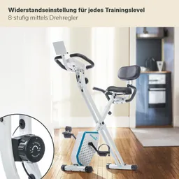 Fahrrad-Ergometer mit verstellbarem Sitz und Widerstandseinstellung, auf hellem Holzboden in Innenraum.