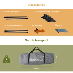 Darstellung von Zubehör für Campingbedarf, einschließlich Masten, Heringen und einem Transportbeutel mit Maßen und Gewicht.