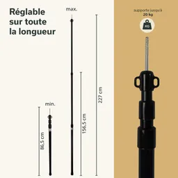 Verstellbarer schwarzer Stativmast mit minimaler Höhe von 86,5 cm und maximaler Höhe von 227 cm. Halterung für bis zu 20 kg.