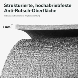 Strukturierte, rutschfeste Oberfläche mit Wasser abweisender Beschichtung, 7 mm dick.