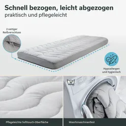 Matratze mit zwei seitlichen Reißverschlüssen und samtiger Oberfläche, waschmaschinenfest und hypoallergen.
