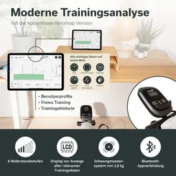 Tablet mit Trainingsanalyse-Daten, darunter Diagramme und Statistiken. Im Vordergrund ein Gerät mit Display. Holztisch im Hintergrund.