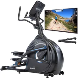 Ellipsentrainer mit Bildschirm, auf dem eine Laufstrecke zu sehen ist. Das Gerät hat zwei Pedale und einen stabilen Rahmen.
