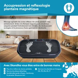 Massagegerät mit flachen Füßen auf einer Plattform, mit Steuerungselementen oben. Im Hintergrund ist ein Raum mit Holzboden und Möbeln zu sehen.