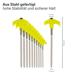 Stahl Schrauben mit gelben Köpfen in Reihe angeordnet. Maße: 18,3 cm hoch, 7,3 mm dick.