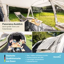 Zelt mit Panorama-Ausblick, große Türen und Fenster. Es stehen Stühle und ein Tisch mit Getränken und Obst.