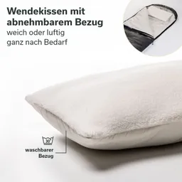 Wendekissen mit abnehmbarem Bezug, weich und luftig. Als waschbar gekennzeichnet, in hellem Design.