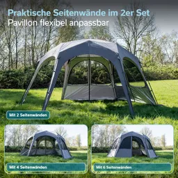 Grauer Pavillon mit abnehmbaren Seitenwänden auf einer Wiese, umgeben von Bäumen. Drei Varianten der Seitenwände abgebildet.