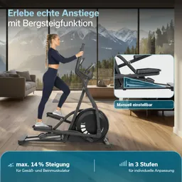 Eine Person steht auf einem Fitnessgerät in einem Raum mit großen Fenstern und Bergblick. Das Gerät hat eine Bergsteigfunktion.