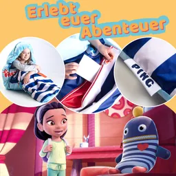 Das Bild zeigt verschiedene Elemente eines Schlafsacks. In einem Kreis sitzt ein Kind in einem blauen Schlafsack mit Streifen. Ein anderer Kreis zeigt die Innenseite des Schlafsacks mit einem Reißverschluss und einem weißen Zettel.