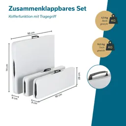 Faltbares Set mit Traggriff, bestehend aus zwei Tischen Maße und Gewichte deutlich angezeigt. Hintergrund in zwei Farben.