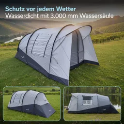 Zelt mit grauem und schwarzem Stoff auf einer Wiese. Im Hintergrund eine hügelige Landschaft mit Weinreben.