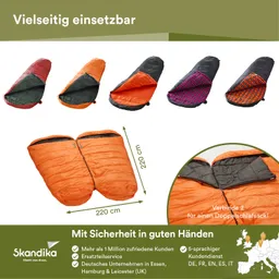 Fünf Schlafsäcke in verschiedenen Farben und Designs sind abgebildet, darunter ein ganzes Schlafsackmodell für zwei Personen. Der Text beschreibt vielseitige Einsatzmöglichkeiten und betont den Kundenservice.