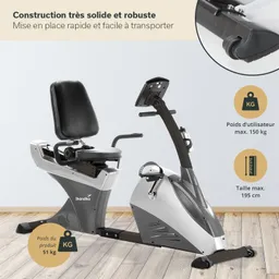 Fitnessgerät mit einem gepolsterten Sitz, einem Lenkarm und einem stabilen Rahmen. Technische Details sind sichtbar.