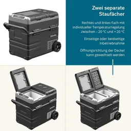 Eine Kühlbox mit zwei separaten Staufächern, jeweils mit individueller Temperatureinstellung, und einem verstellbaren Deckel.