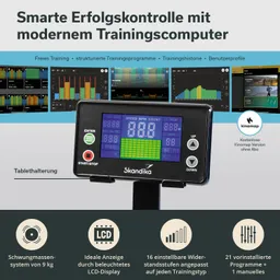 Trainingscomputer mit LCD-Display, angehoben auf Ständer. Grafiken im Hintergrund zeigen Trainingsdaten und -analysen.