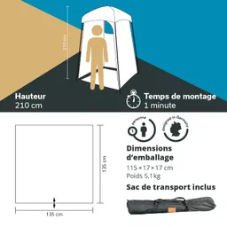 Zelt mit einer Höhe von 210 cm, Abmessungen 135 x 135 cm. Packmaß 115 x 17 x 17 cm, Gewicht 5,1 kg, inklusive Transporttasche.