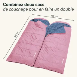 Zwei pinke Schlafsäcke liegen nebeneinander. Die Innenseite eines Schlafsacks ist blau mit einem geometrischen Muster. Maße sind angegeben: 220 cm x 160 cm.