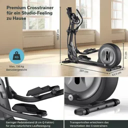 Premium Crosstrainer mit Abmessungen und technischen Details, präsentiert in einem hellen Raum mit Fenstern.