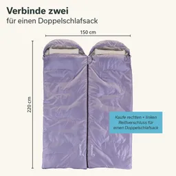 Lila Schlafsack mit zwei Reißverschlüssen, beschriftet mit Maßen und Hinweis zur Kombination für einen Doppelschlafsack.