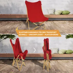 Roter Klappstuhl mit Holzgestell auf einem Holzboden. Oben und unten Ansichten des Stuhls, der leicht zusammengeklappt werden kann. Dekorative Kissen im Hintergrund.