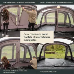 Zelt mit zwei Bereichen, Fenster und Eingang. Personen schließen oder öffnen Wände. Natur im Hintergrund sichtbar.