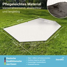 Grafik eines rechteckigen, wasserdichten Materials auf einer grünen Wiese, mit angegebenen Maßen und Eigenschaften.