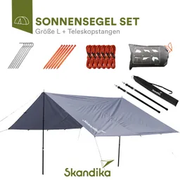Sonnensegel-Set in Größe L mit Teleskopstangen, Heringe, Schnüre und Tragetasche. Hersteller: Skandika.