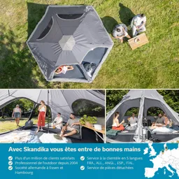Graues, sechseckiges Zelt auf Rasen, Personen innen und außen, Sommeraktivitäten, Holztisch mit Essen, Pflanzen.