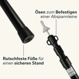 Das Bild zeigt einen schwarzen Stab mit rutschfestem Fuß und Ösen zum Befestigen einer Abspannleine.