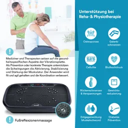 Bild mit einem schwarzen Vibrationsgerät und einer Person, die darauf sitzt, während ein Therapeut eine Behandlung durchführt. Text beschreibt Vorteile der Vibrationstherapie.