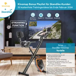 Indoor-Fahrrad im Vordergrund, Fernseher im Hintergrund mit Trainingsvideos. Textinformationen zu Kinomap und Skandika.